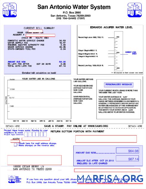 Downloadable USA SAN ANTONIO WATER SYSTEM utility bill Word and PDF template
